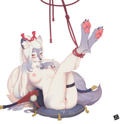 Rule 34 | 1girl, absurdres, animal ears, animal feet, ass, bdsm, blush, bondage, bound, bound ankles, breasts, claws, collarbone, cum, cum on ass, cum on body, cum on pussy, feet together, fluffy, fox ears, fox girl, fox tail, fur, furry, furry female, grey hair, hakurou (onmyoji), highres, large breasts, leaning, leaning back, lin mzhh, long hair, looking at viewer, multicolored hair, nipples, nude, onmyoji, pillow, pussy, red eyes, rope, sitting, straight hair, tail, tentacles, white background, white hair