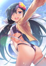 Rule 34 | 1girl, ass, ball, beachball, dark green hair, eyepatch, fate/grand order, fate (series), flower, hair flower, hair ornament, highres, long hair, low twintails, mochizuki chiyome (fate), ono misao, purple eyes, smile, snake tattoo, solo, swimsuit, tattoo, twintails