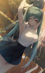Rule 34 | 1girl, aqua hair, armpits, arms behind head, arms up, bad id, bad pixiv id, bare arms, black skirt, blurry, breasts, collared shirt, depth of field, dorook, dutch angle, hair between eyes, hair ribbon, highres, large breasts, long hair, looking at viewer, one eye closed, original, outdoors, pleated skirt, red eyes, ribbon, shirt, shirt tucked in, skirt, sleeveless, sleeveless shirt, smile, solo, thighs, twintails, white ribbon, white shirt