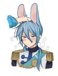 Rule 34 | ..., 1boy, aiguillette, animal ears, blue eyes, blue hair, blush, closed mouth, cropped torso, edmond (nu carnival), embarrassed, epaulettes, extra ears, eyelashes, hair between eyes, hair over shoulder, half-closed eyes, hand on another&#039;s head, headpat, highres, kemonomimi mode, long hair, looking down, low ponytail, male focus, nu carnival, out of frame, rabbit, rabbit ears, sash, shoulder sash, simple background, solo focus, spoken ellipsis, white background, zuix
