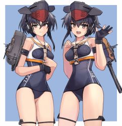 Rule 34 | 2girls, asymmetrical hair, black gloves, black hair, blue one-piece swimsuit, blush, brown eyes, commentary, crop top, framed breasts, gloves, hair between eyes, headgear, headphones, highres, i-13 (kancolle), i-14 (kancolle), kantai collection, machinery, mcan, multiple girls, one-piece swimsuit, open mouth, partially fingerless gloves, rigging, sailor collar, school swimsuit, short hair, simple background, single glove, smile, swimsuit, two-tone background, waving, white sailor collar