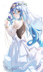 Rule 34 | 1girl, alternate costume, armlet, back, back bow, bare shoulders, blue flower, blue hair, bow, bracelet, breasts, bridal veil, bride, chinese commentary, closed mouth, commentary request, dated, dress, drill hair, flower, from behind, from side, genshin impact, gradient hair, hair between eyes, hair flower, hair ornament, hand up, highres, holding, holding flower, jewelry, layla (genshin impact), light smile, looking at viewer, medium breasts, miaogujun, multicolored hair, orange eyes, padisarah flower, pointy ears, purple flower, simple background, solo, strapless, strapless dress, veil, wedding dress, white background, white bow, white dress, white flower