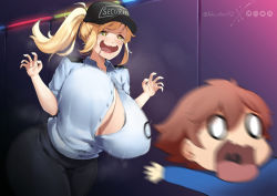 Rule 34 | 1boy, 1girl, age difference, blonde hair, bouncing breasts, breasts, child, cleavage, female pervert, five nights at freddy&#039;s, five nights at freddy&#039;s: security breach, gainaxing, gregory (fnaf), hat, heart, heart-shaped pupils, highres, huge breasts, imminent rape, lulu-chan92, mature female, onee-shota, open clothes, open shirt, pervert, ponytail, saliva, scared, screaming, security guard, shirt, size difference, symbol-shaped pupils, vanessa (fnaf), wide hips