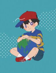 Rule 34 | absurdres, baseball cap, black hair, blue eyes, blue shorts, child, earth (planet), haru-cho, hat, highres, holding, looking at viewer, male focus, mother (game), mother 2, ness (mother 2), nintendo, planet, shirt, short hair, shorts, sitting, smile, socks, striped clothes, striped shirt