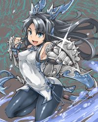 Rule 34 | 1girl, armor, bare shoulders, black hair, blue eyes, blue pantyhose, breasts, china dress, chinese clothes, covered erect nipples, covered navel, dragon girl, dragon horns, dragon tail, dress, fins, gauntlets, gloves, hair ornament, head fins, horns, karin (p&amp;d), long hair, open mouth, p (tidoriashi), pantyhose, puzzle &amp; dragons, smile, solo, sparkle, spikes, tail, water