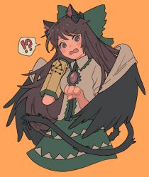 Rule 34 | !?, 1girl, angry, animal ear fluff, animal ears, black hair, black wings, blush, bow, brown eyes, brown hair, cape, cat ears, cat tail, cosplay, fang, feathered wings, green skirt, highres, kaenbyou rin, kaenbyou rin (cosplay), long hair, multiple tails, nekomata, one-hour drawing challenge, open mouth, orange background, paw pose, rbfnrbf (mandarin), red eyes, reiuji utsuho, shirt, skirt, solo, speech bubble, standing, tail, third eye, touhou, two tails, white shirt, wings