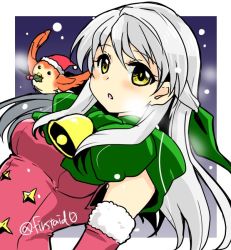 Rule 34 | 1girl, alternate costume, bell, bird, bow, breath, fire emblem, fire emblem: radiant dawn, fire emblem heroes, fur trim, green bow, hat, long hair, micaiah (fire emblem), nintendo, one-hour drawing challenge, parted lips, pom pom (clothes), red hat, santa hat, silver hair, snowing, twitter username, upper body, yellow eyes, yukia (firstaid0), yune (fire emblem)