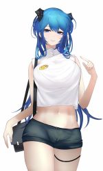 Rule 34 | 1girl, alternate costume, arknights, bag, bare arms, bare shoulders, black shorts, blue eyes, blue hair, breasts, commentary, cowboy shot, crop top, halo, hand up, handbag, highres, horns, large breasts, long hair, looking at viewer, lumc, midriff, mostima (arknights), navel, shirt, short shorts, shorts, simple background, sleeveless, sleeveless shirt, smile, solo, standing, stomach, thigh strap, thighs, very long hair, white background, white shirt