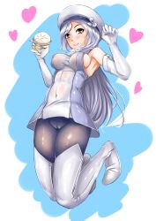 Rule 34 | 10s, 1girl, aila jyrkiainen, armpits, baozi, bare shoulders, black pantyhose, blue eyes, boots, breasts, cameltoe, covered erect nipples, covered navel, elbow gloves, food, gloves, gundam, gundam build fighters, hat, highres, kneeling, knees, knees together feet apart, legs, legs together, long hair, long legs, navel, nipples, no bra, no panties, nonoririn, pantyhose, pussy, see-through, sideboob, silver hair, smile, solo, thigh boots, thighhighs, thighs, white footwear, white gloves