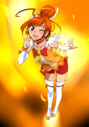 Rule 34 | 10s, 1girl, ;d, ahoge, bike shorts, bike shorts under skirt, boots, cure sunny, detached sleeves, eyelashes, ez6, fiery background, fire, hino akane (smile precure!), looking at viewer, magical girl, miniskirt, one eye closed, open mouth, orange background, orange skirt, orange theme, precure, red eyes, red hair, red shorts, shorts, shorts under skirt, skirt, smile, smile precure!, solo, thigh boots, thighhighs, tiara, wink