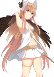 Rule 34 | 1girl, blue eyes, breasts, circe (fate), cleavage, fate/grand order, fate (series), feathered wings, holding, holding staff, long hair, looking at viewer, medium breasts, navel, orange hair, parted lips, pointy ears, shiseki hirame, simple background, skirt, sleeveless, solo, staff, standing, white background, wings