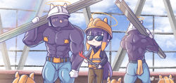 Rule 34 | 1girl, bara, blush, commentary, construction site, construction worker, crowbar, gloves, halo, hard hat, helmet, holding, holding crowbar, hololive, hololive english, long hair, monja (monja0521), multicolored hair, multiple boys, muscular, ninomae ina&#039;nis, open mouth, outdoors, pointy ears, purple hair, steel beam, sunglasses, takodachi (ninomae ina&#039;nis), tentacle hair, vest, virtual youtuber