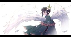 Rule 34 | 1boy, androgynous, beret, black hair, blue hair, blurry, braid, cape, english text, feathered wings, feathers, from behind, genshin impact, gradient hair, green eyes, green hat, hat, highres, himey, looking at viewer, looking back, male focus, multicolored hair, rainbow, short hair with long locks, simple background, smile, solo, twin braids, venti (genshin impact), white background, wings