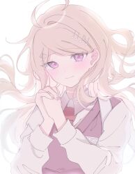 Rule 34 | 1girl, ahoge, akamatsu kaede, backpack, bag, blush, collared shirt, danganronpa (series), danganronpa v3: killing harmony, fortissimo, hair ornament, hands up, highres, long hair, long sleeves, looking at viewer, messy hair, musical note, musical note hair ornament, necktie, own hands together, pink eyes, pink vest, pote (pote 39), red necktie, shirt, simple background, smile, solo, vest, white shirt