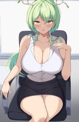 Rule 34 | 1girl, blush, breasts, ceres fauna, cleavage, collarbone, green hair, highres, holocouncil, hololive, hololive english, horns, large breasts, looking at viewer, office lady, open clothes, open mouth, open shirt, ponytail, sitting, skirt, solo, thick thighs, thighs, yellow eyes, zeropen