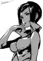 Rule 34 | 1girl, bare shoulders, breasts, closed mouth, cowboy bebop, earrings, faye valentine, greyscale, hairband, high collar, highres, jewelry, kotatsu (g-rough), medium breasts, monochrome, popped collar, short hair, signature, simple background, smile, solo, upper body, white background