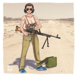 1girl absurdres ammunition_box aviator_sunglasses blue_shoes breasts brown_overalls cleavage gun highres holding holding_gun holding_weapon large_breasts machine_gun naked_overalls original overalls photo_background pk_machine_gun pkm shoes short_hair smile sneakers solo sunglasses weapon willy_pete