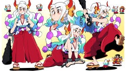 Rule 34 | 1girl, 2boys, aqua hair, blue hair, breasts, brown eyes, chain, cleavage, club, club (weapon), curled horns, earrings, geta, hakama, hakama pants, hand on own hip, highres, horns, japanese clothes, jewelry, kanabou, kimono, kouzuki oden, large breasts, leg up, monkey d. luffy, multicolored hair, multicolored horns, multiple boys, multiple views, one piece, open mouth, orange horns, pants, ponytail, red hakama, red horns, rope, scott malin, shadow, sideboob, sleeveless, sleeveless kimono, solo focus, spiked club, two-tone horns, weapon, white hair, wrist cuffs, yamato (one piece)
