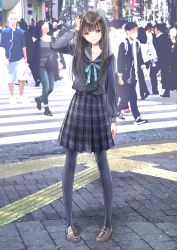 Rule 34 | 1girl, absurdres, black hair, black pantyhose, blue reflection, blue reflection (series), blunt bangs, buttons, checkered clothes, checkered skirt, day, double-breasted, full body, hand on own head, highres, kishida mel, loafers, long hair, long sleeves, outdoors, pantyhose, pavement, photo background, pigeon-toed, plaid, plaid skirt, pleated skirt, road, saiki yuri, sailor collar, school uniform, serafuku, shoes, skirt, solo, standing, street, tactile paving