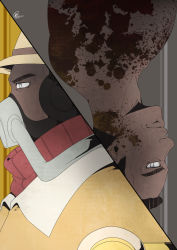 Rule 34 | 1boy, aged down, before and after, big band, blood, blue eyes, coat, dark skin, facial hair, fedora, hat, highres, male focus, short hair, skullgirls, solo, spoilers, stubble, trench coat, vandyke brown