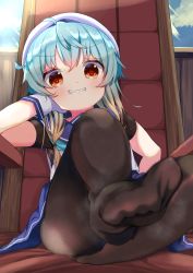 Rule 34 | 1girl, black pantyhose, blonde hair, blue hair, blush, chair, commentary request, feet, gloves, gradient hair, hand on own cheek, hand on own face, hat, highres, indoors, kantai collection, leg up, long hair, looking at viewer, mugichoko (mugi no choko), multicolored hair, no shoes, pantyhose, red eyes, sado (kancolle), sailor hat, shirt, sitting, skirt, sleeveless, sleeveless shirt, smug, solo, steam, toes, white gloves