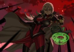 Rule 34 | 1girl, alternate costume, angry, black gloves, book, breasts, cape, closed mouth, cloud, cowboy shot, ebinku, fingerless gloves, fire emblem, fire emblem heroes, floating, floating book, floating object, full body, gloves, grey hair, hair between eyes, hair ornament, high heels, highres, large breasts, long hair, looking at viewer, magic, magic circle, nintendo, open book, red eyes, red sky, sky, solo, standing, thrasir (fire emblem)
