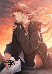 Rule 34 | 1girl, absurdres, black jacket, black pants, brown hair, brown shirt, cloud, cloudy sky, commentary, evening, filling pieces, floating hair, highres, jacket, knee up, kuwashima rein, light particles, long hair, long sleeves, looking away, original, outdoors, pants, parted lips, red eyes, shirt, shoes, sidelocks, sitting, sketch, sky, sleeves past wrists, sneakers, solo, unzipped, white footwear, wind, zipper