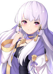 Rule 34 | 1girl, absurdres, blush, closed mouth, collarbone, commentary request, dress, fire emblem, fire emblem: three houses, hako momiji, highres, juliet sleeves, long hair, long sleeves, looking at viewer, lysithea von ordelia, nintendo, pink eyes, puffy sleeves, purple dress, purple ribbon, ribbon, sidelocks, silver hair, simple background, smile, solo, tassel, upper body, veil, very long hair, white background, white sleeves, wide sleeves
