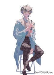 Rule 34 | 1boy, alternate costume, belt, black belt, blue hair, blue jacket, brown footwear, brown hair, brown pants, brown socks, brown sweater vest, closed mouth, collared jacket, cup, disposable cup, drink, drinking straw, earrings, full body, glasses, gradient hair, green eyes, hair between eyes, hand up, highres, holding, holding drink, ike eveland, jacket, jewelry, loafers, logo, long sleeves, looking at viewer, male focus, multicolored hair, nijisanji, nijisanji en, official art, on chair, open clothes, open jacket, pants, plaid, plaid pants, plaid shirt, round eyewear, shirt, shoes, short hair, simple background, sitting, socks, solo, sweater vest, ugonba (howatoro), virtual youtuber, white background, white shirt
