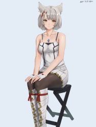 Rule 34 | 1girl, 2022, animal ear fluff, animal ears, bare shoulders, blue background, blush, boots, brown pantyhose, cat ears, chest jewel, closed mouth, collarbone, commentary, dated, fingerless gloves, gloves, grey hair, highres, looking at viewer, miniskirt, mio (xenoblade), pantyhose, short hair, signature, simple background, sitting, skirt, sleeveless, smile, solo, swept bangs, tank top, white footwear, white gloves, white skirt, white tank top, xenoblade chronicles (series), xenoblade chronicles 3, yamamori kinako, yellow eyes