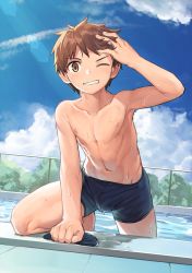 Rule 34 | 1boy, arm support, arm up, bare pectorals, black male swimwear, blue sky, brown eyes, brown hair, bulge, chain-link fence, climbing, cloud, collarbone, crotch seam, day, dripping, dutch angle, fence, grin, hand on own head, hand up, highres, knee up, lens flare, looking at viewer, male focus, male swimwear, nayoshi (r-744), nipples, one eye closed, original, outdoors, pectorals, pool, poolside, sky, smile, solo, spiked hair, sunlight, swim briefs, swim cap, unworn swim cap, swim trunks, tile floor, tiles, water, wet