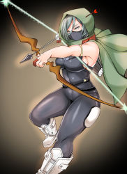 Rule 34 | 1girl, absurdres, adahcm, armband, arrow (projectile), beros (boku no hero academia), bodysuit, boku no hero academia, boku no hero academia: world heroes&#039; mission, boots, bow, breasts, brown background, cape, fighting stance, full body, gradient background, green cape, green eyes, green hair, hair between eyes, highres, hood, large breasts, mask, masked, outstretched arm, quiver, short hair, sideboob, solo, weapon, white legwear
