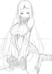 Rule 34 | 10s, 1girl, abyssal ship, between legs, boots, breasts, claws, commentary request, covered mouth, detached sleeves, dress, greyscale, hand between legs, highres, horns, kantai collection, large breasts, long hair, looking at viewer, monochrome, niwatazumi, progre, ribbed sweater, seaport princess, single horn, sitting, sketch, sleeveless, sleeveless dress, solo, sweater, sweater dress, white background, wide sleeves, yokozuwari