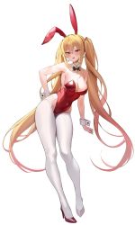 Rule 34 | 1girl, absurdres, animal ears, bare shoulders, blonde hair, blush, breasts, cleavage, covered navel, detached collar, fake animal ears, full body, highleg, highleg leotard, highres, k pring, large breasts, leotard, long hair, looking at viewer, open mouth, orange eyes, original, pantyhose, playboy bunny, rabbit ears, red leotard, sayuri (k pring), smile, solo, twintails, very long hair, white background, wrist cuffs