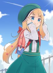 Rule 34 | 1girl, aoi id, backpack, bag, beret, blonde hair, blue eyes, blue sky, blush, bow, closed mouth, cloud, commentary, day, green hat, green skirt, hair ornament, hairclip, hands up, hat, highres, long hair, long sleeves, millie adelaide, outdoors, puffy long sleeves, puffy sleeves, railing, randoseru, red bow, rutorifuki, shirt, skirt, sky, sleeves past wrists, smile, solo, star (symbol), star hair ornament, suspender skirt, suspenders, very long hair, virtual youtuber, white shirt
