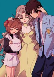 Rule 34 | 1boy, 2girls, absurdres, alt text, brother and sister, brown hair, cardcaptor sakura, child, clamp, closed eyes, closed mouth, dress, highres, kinomoto nadeshiko, kinomoto sakura, kinomoto touya, mother and daughter, mother and son, multiple girls, nzeneee, open mouth, school uniform, serafuku, siblings, simple background, size difference, skirt, white headwear, white skirt, yellow dress