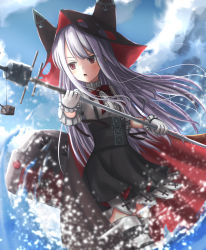 Rule 34 | 1girl, :o, animal hat, azur lane, black hat, black skirt, blue sky, blush, bow, center frills, cloud, commentary request, day, dutch angle, erebus (azur lane), frills, gloves, hair between eyes, hat, highres, holding, long hair, looking away, looking to the side, loots, outdoors, parted lips, pleated skirt, red bow, red eyes, shirt, short sleeves, silver hair, skirt, sky, solo, striped clothes, striped thighhighs, suspender skirt, suspenders, thighhighs, torn clothes, torn hat, very long hair, water, white gloves, white shirt