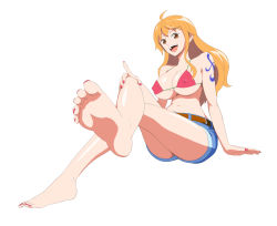 Rule 34 | 1girl, barefoot, bikini, bikini top only, breasts, cleavage, covered erect nipples, feet, hand on own knee, large breasts, long hair, looking at viewer, nail polish, nami (one piece), one piece, open mouth, orange eyes, orange hair, shorts, soles, solo, swimsuit, toenail polish, toenails, toes