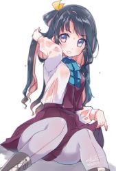 Rule 34 | 10s, 1girl, black hair, blouse, blue ribbon, boots, breasts, brown footwear, collared shirt, cross-laced footwear, dated, dress, grey eyes, hair ribbon, kantai collection, knee boots, koruri, lace-up boots, large breasts, long hair, looking at viewer, multicolored hair, naganami (kancolle), no bra, open mouth, pantyhose, pink hair, pleated skirt, purple pantyhose, purple skirt, ribbon, school uniform, shirt, signature, simple background, sitting, skirt, sleeveless, sleeveless dress, solo, wavy hair, wet, wet clothes, wet hair, white background, white shirt, yellow eyes