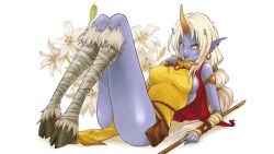 Rule 34 | 1girl, aa2233a, bandages, breasts, colored skin, earrings, flower, highres, hooves, horns, jewelry, legs together, league of legends, legs together, lying, naked tabard, pelvic curtain, pouch, purple skin, sideboob, single horn, solo, soraka (league of legends), tabard, white hair, yellow eyes