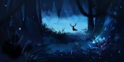 Rule 34 | bayashiko, blue theme, commentary request, deer, flower, forest, grass, monochrome, nature, night, no humans, original, outdoors, scenery, tree