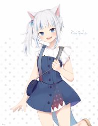 Rule 34 | 1girl, animal ears, blue eyes, blue hair, blush, cat ears, fins, fish tail, gawr gura, gawr gura (casual), highres, hololive, hololive english, looking at viewer, multicolored hair, official alternate costume, open mouth, pouch, shark tail, sharp teeth, silver hair, smile, solo, streaked hair, tail, teeth, virtual youtuber