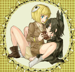 Rule 34 | 147, 2girls, animal ears, black hair, blonde hair, blue eyes, blush, brown hair, chocolate, couple, dominica s. gentile, gift, head wings, jane t. godfrey, military, military uniform, multiple girls, open mouth, short hair, sitting, sitting on person, strike witches, strike witches: kurenai no majo-tachi, tail, uniform, valentine, wings, world witches series, yuri