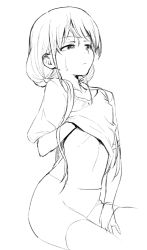 10s 1girl female_focus futaba_anzu greyscale hand_under_clothes hand_under_shirt idolmaster idolmaster_cinderella_girls kotoyama long_hair low_twintails monochrome navel shirt simple_background solo sweatdrop twintails white_background