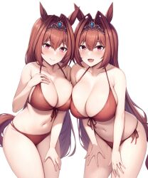 Rule 34 | :d, absurdres, animal ears, bare arms, bare shoulders, bikini, blush, breasts, brown bikini, brown hair, cleavage, closed mouth, collarbone, commentary request, daiwa scarlet (umamusume), hair intakes, highres, horse ears, horse girl, horse tail, kannko bokujou, large breasts, leaning forward, long hair, looking at viewer, navel, open mouth, purple eyes, smile, swimsuit, tail, thighs, tiara, umamusume