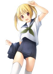 Rule 34 | 1girl, :d, arm up, black one-piece swimsuit, black sailor collar, black skirt, blonde hair, commentary request, gluteal fold, green neckerchief, highres, long hair, looking at viewer, neckerchief, old school swimsuit, one-piece swimsuit, open mouth, original, pleated skirt, red eyes, sailor collar, school swimsuit, school uniform, serafuku, shibacha, shirt, short sleeves, simple background, skirt, unworn skirt, smile, solo, swimsuit, swimsuit under clothes, thighhighs, twintails, white background, white shirt, white thighhighs