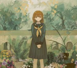 Rule 34 | 1girl, badge, blue serafuku, blue shirt, blue skirt, brown eyes, brown hair, button badge, chisato charme, closed mouth, day, earrings, feet out of frame, flower, forest, garden, grass, hair between eyes, highres, jewelry, legs apart, long hair, long sleeves, looking at viewer, nature, neckerchief, original, outdoors, own hands clasped, own hands together, plant, pleated skirt, red flower, school uniform, serafuku, shirt, sidelocks, skirt, smile, solo, stone wall, straight-on, tree, wall, yellow flower, yellow neckerchief