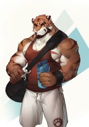 Rule 34 | 1boy, absurdres, bara, bare arms, beard, bulge, chest hair, eyebrow cut, facial hair, feet out of frame, forked eyebrows, gym shorts, gym uniform, highres, large pectorals, male focus, mature male, muscular, muscular male, one eye closed, orange fur, original, paw print, pectoral cleavage, pectorals, red tank top, selkiro, sharp teeth, shorts, sidepec, solo, tank top, teeth, thick eyebrows, thick thighs, thighs, tiger boy, white shorts
