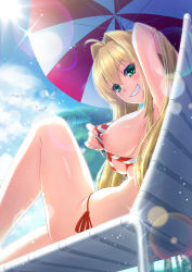 Rule 34 | 1girl, ahoge, armpits, beach umbrella, bikini, bikini tug, blonde hair, blue sky, blush, breasts, chair, cleavage, cloud, criss-cross halter, day, earrings, fate/grand order, fate (series), green eyes, grin, hair intakes, halterneck, highres, jewelry, ken ill, knee up, large breasts, light particles, long hair, looking at viewer, lounge chair, navel, nero claudius (fate), nero claudius (fate) (all), nero claudius (swimsuit caster) (fate), nipples, outdoors, reclining, side-tie bikini bottom, sky, smile, solo, striped bikini, striped clothes, swimsuit, twintails, umbrella