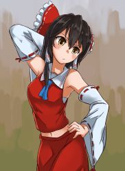Rule 34 | 1girl, arm up, armpit peek, ascot, black hair, blue ascot, blush, bow, breasts, brown eyes, closed mouth, commentary request, cookie (touhou), cowboy shot, detached sleeves, frilled bow, frilled hair tubes, frills, hair between eyes, hair bow, hair tubes, hakurei reimu, highres, long hair, looking to the side, medium breasts, midriff peek, mugi (cookie), navel, nob1109, red bow, red eyes, red shirt, red skirt, ribbon-trimmed sleeves, ribbon trim, sarashi, shirt, skirt, sleeveless, sleeveless shirt, solo, touhou, white sleeves
